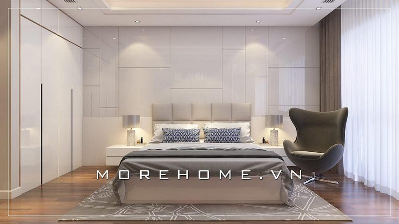 Mẫu giường ngủ chung cư màu trắng được thiết kế theo phong cách hiện đại, trẻ trung và không kém phần sang trọng